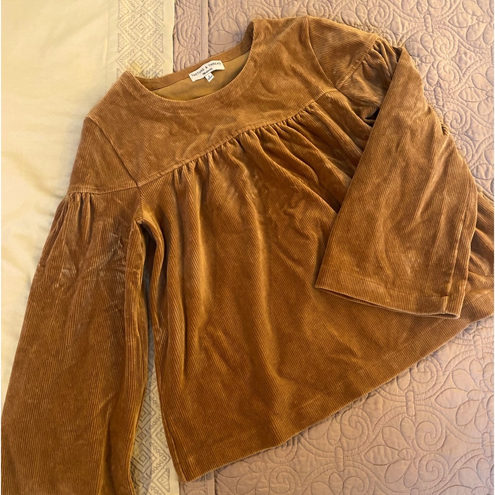 Suede bell sleeved babydoll top